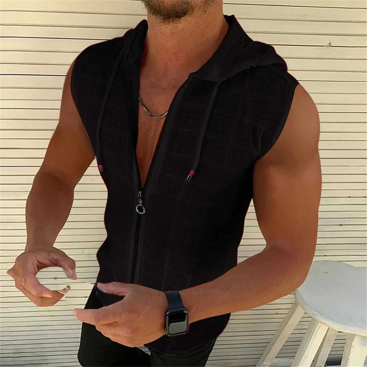 Shirts for Men Short Sleeve Hooded Zipper Cardigan T-shirt Plaid Sleeveless T-shirt Mens Lapel Shirt