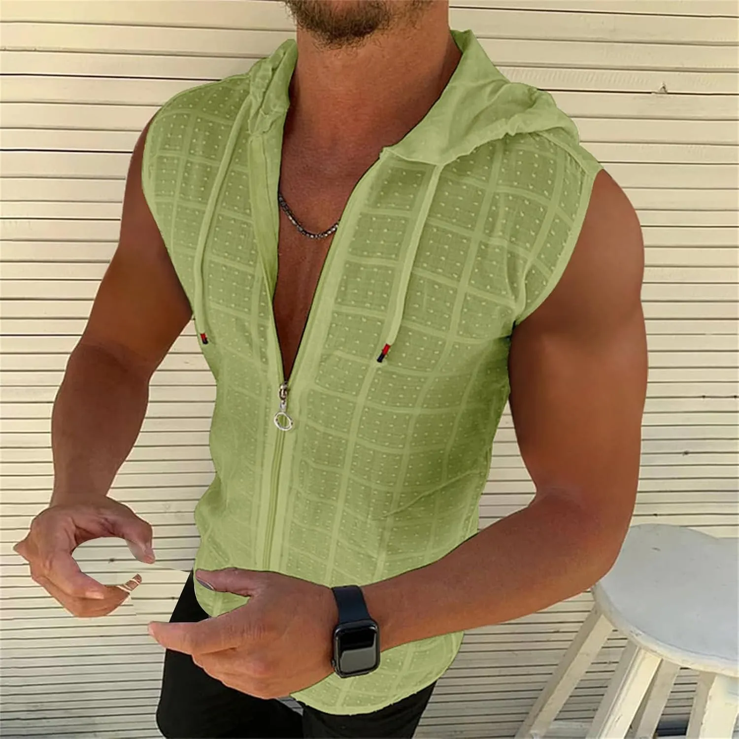 Shirts for Men Short Sleeve Hooded Zipper Cardigan T-shirt Plaid Sleeveless T-shirt Mens Lapel Shirt