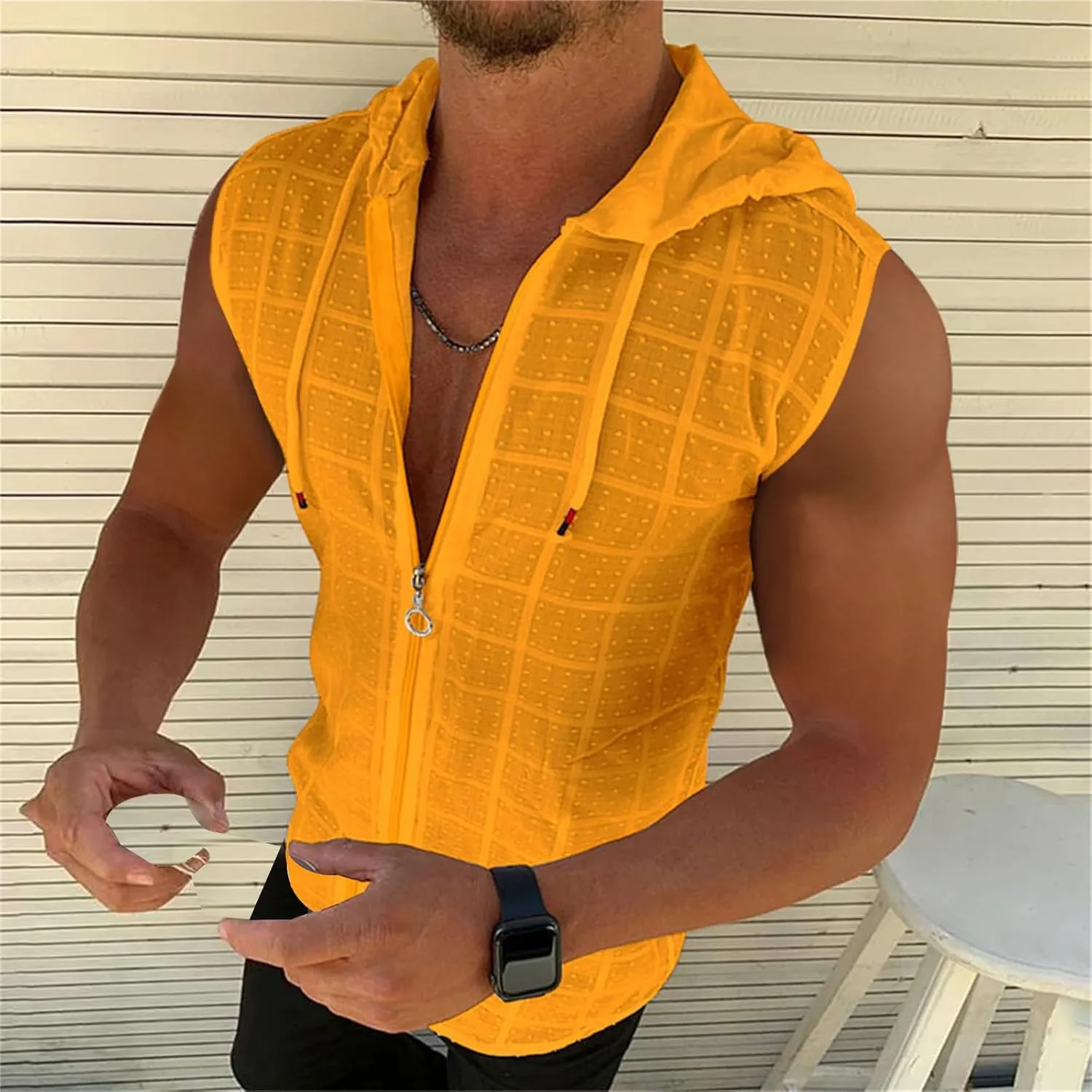 Shirts for Men Short Sleeve Hooded Zipper Cardigan T-shirt Plaid Sleeveless T-shirt Mens Lapel Shirt