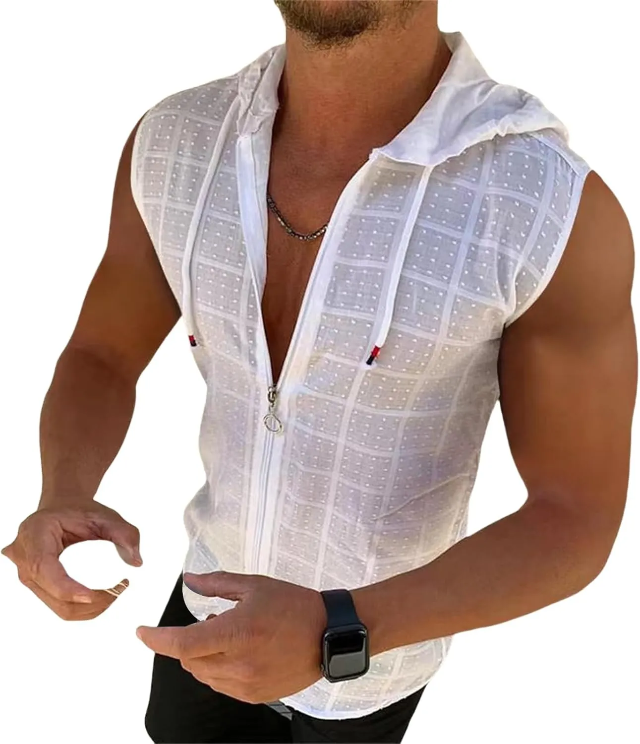 Shirts for Men Short Sleeve Hooded Zipper Cardigan T-shirt Plaid Sleeveless T-shirt Mens Lapel Shirt