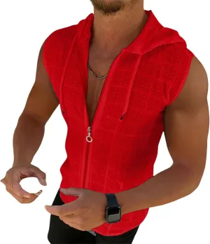 Shirts for Men Short Sleeve Hooded Zipper Cardigan T-shirt Plaid Sleeveless T-shirt Mens Lapel Shirt