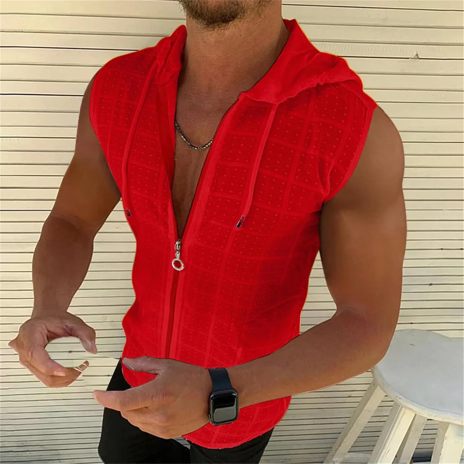 Shirts for Men Short Sleeve Hooded Zipper Cardigan T-shirt Plaid Sleeveless T-shirt Mens Lapel Shirt