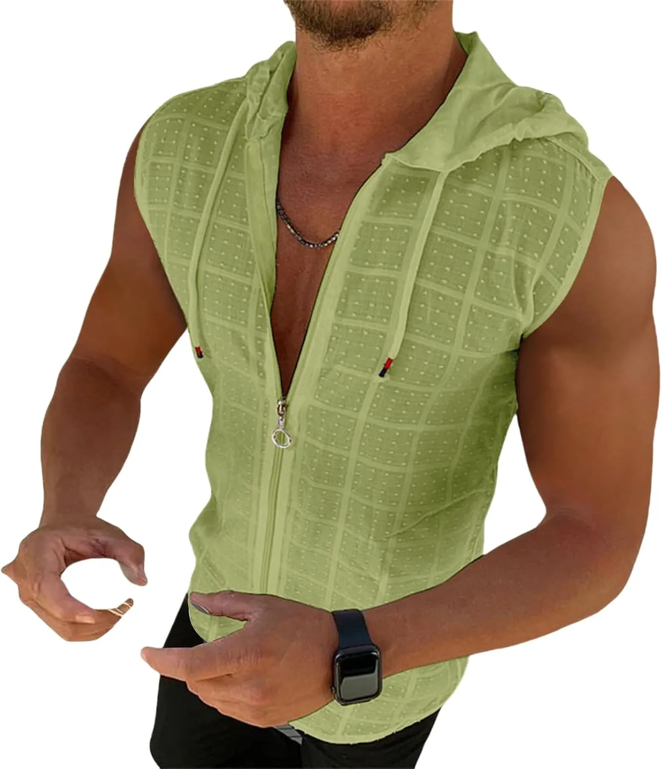Shirts for Men Short Sleeve Hooded Zipper Cardigan T-shirt Plaid Sleeveless T-shirt Mens Lapel Shirt