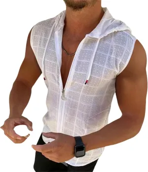 Shirts for Men Short Sleeve Hooded Zipper Cardigan T-shirt Plaid Sleeveless T-shirt Mens Lapel Shirt