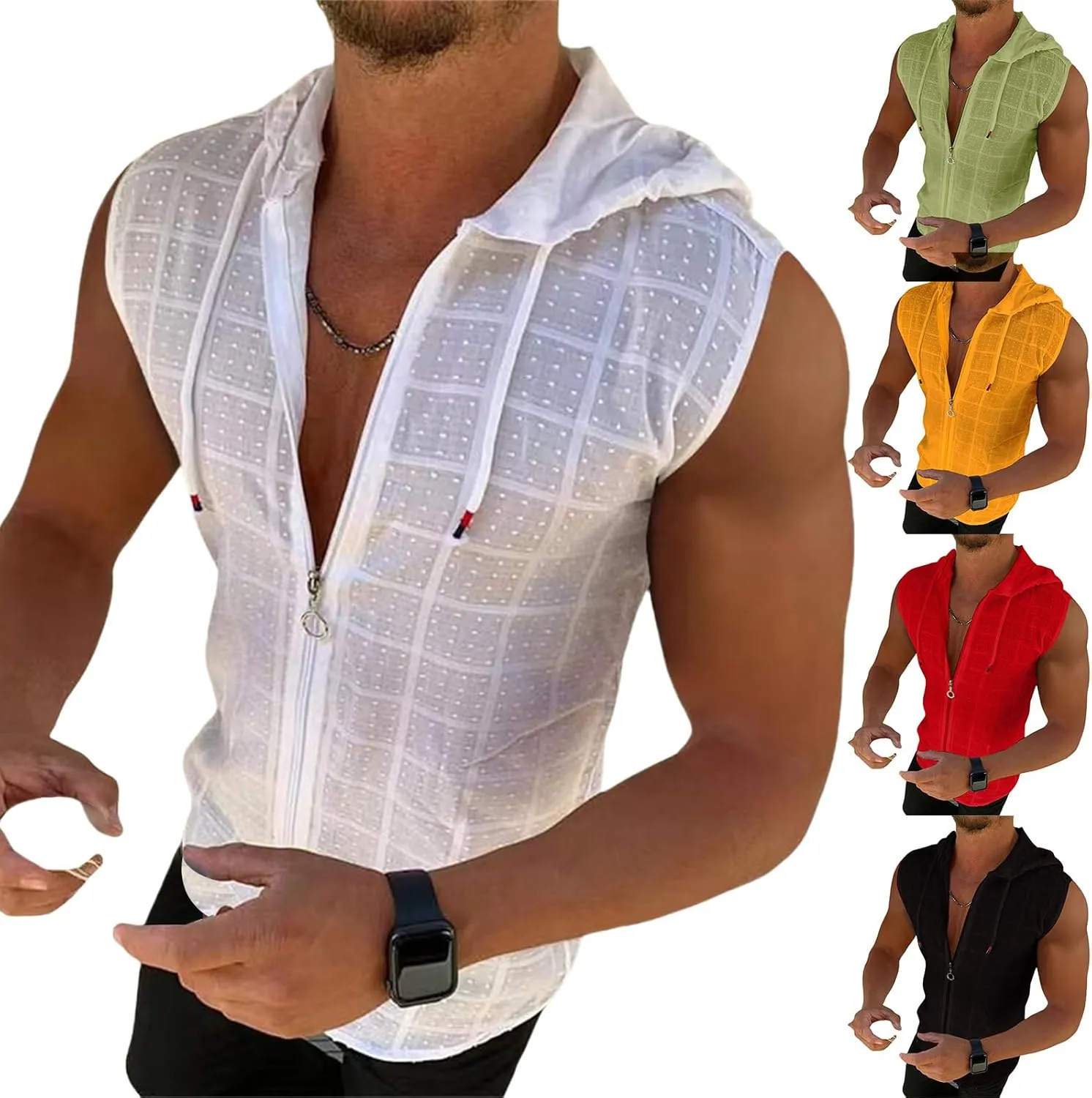Shirts for Men Short Sleeve Hooded Zipper Cardigan T-shirt Plaid Sleeveless T-shirt Mens Lapel Shirt