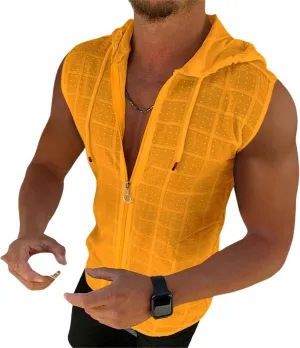 Shirts for Men Short Sleeve Hooded Zipper Cardigan T-shirt Plaid Sleeveless T-shirt Mens Lapel Shirt