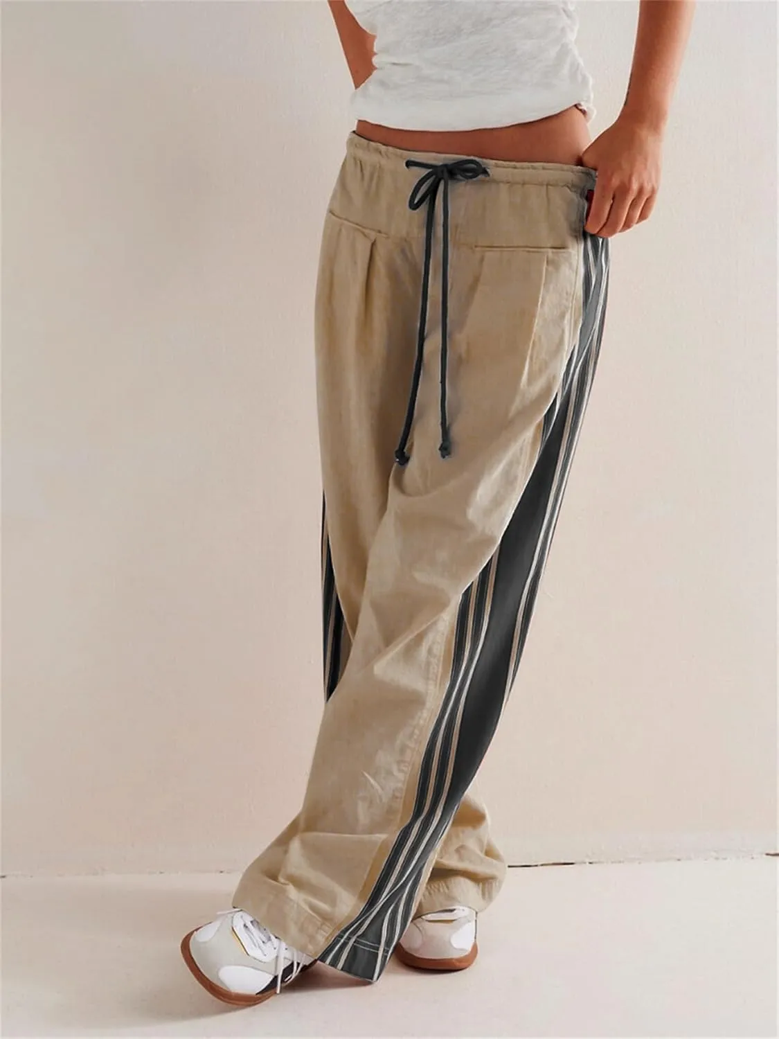 Side Striped Pants Women Drawstring Wide Leg Pants High Waisted Loose Slouchy Palazzo Sweatpants