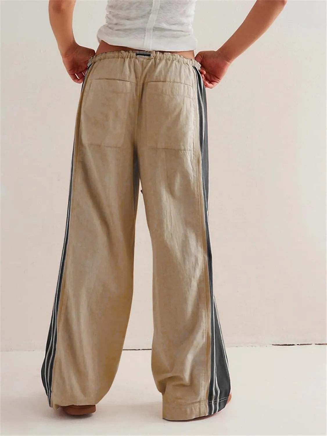 Side Striped Pants Women Drawstring Wide Leg Pants High Waisted Loose Slouchy Palazzo Sweatpants