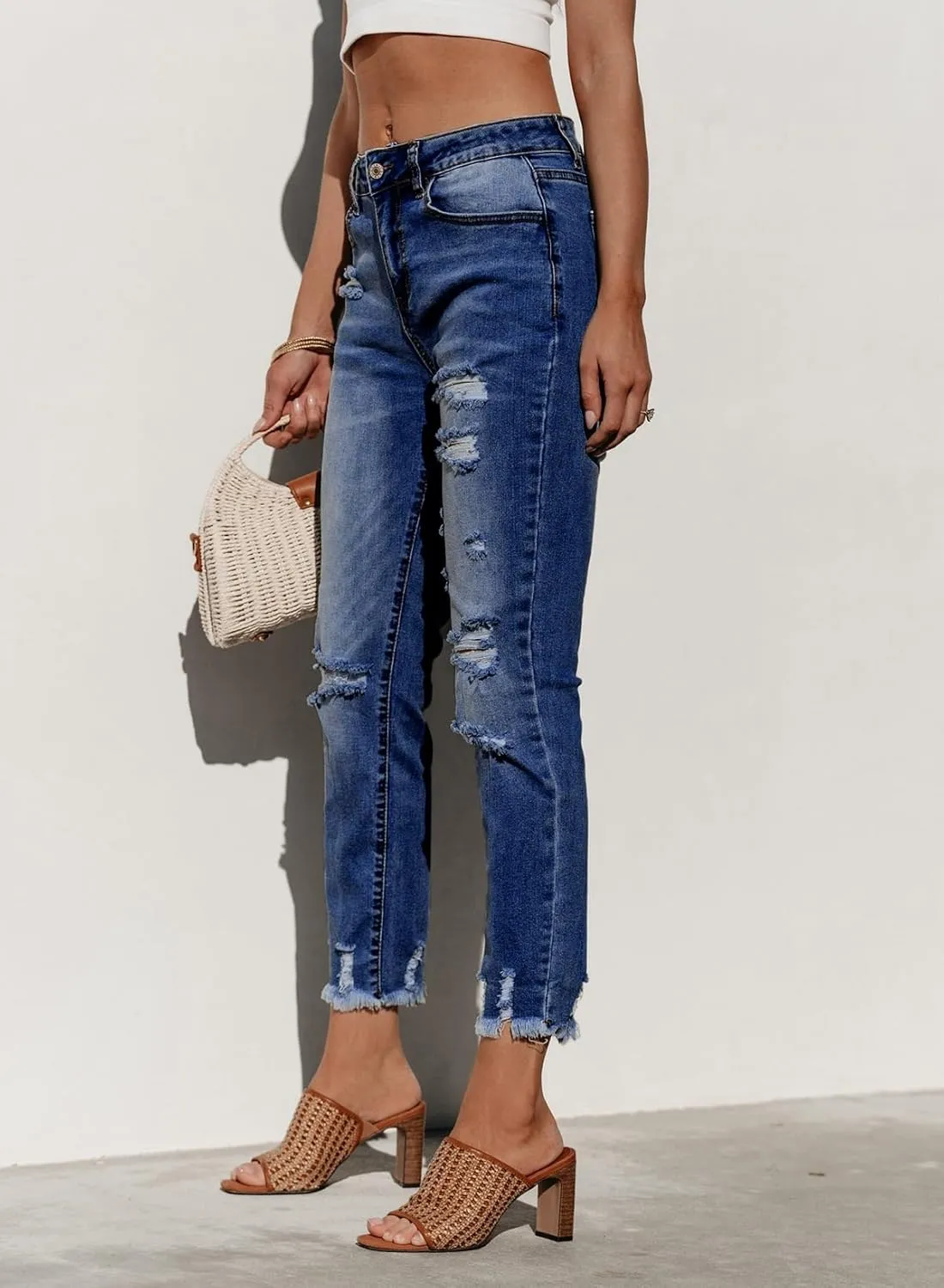 Sidefeel Women's Ripped Jeans Straight Leg Distressed Boyfriend Denim Pants