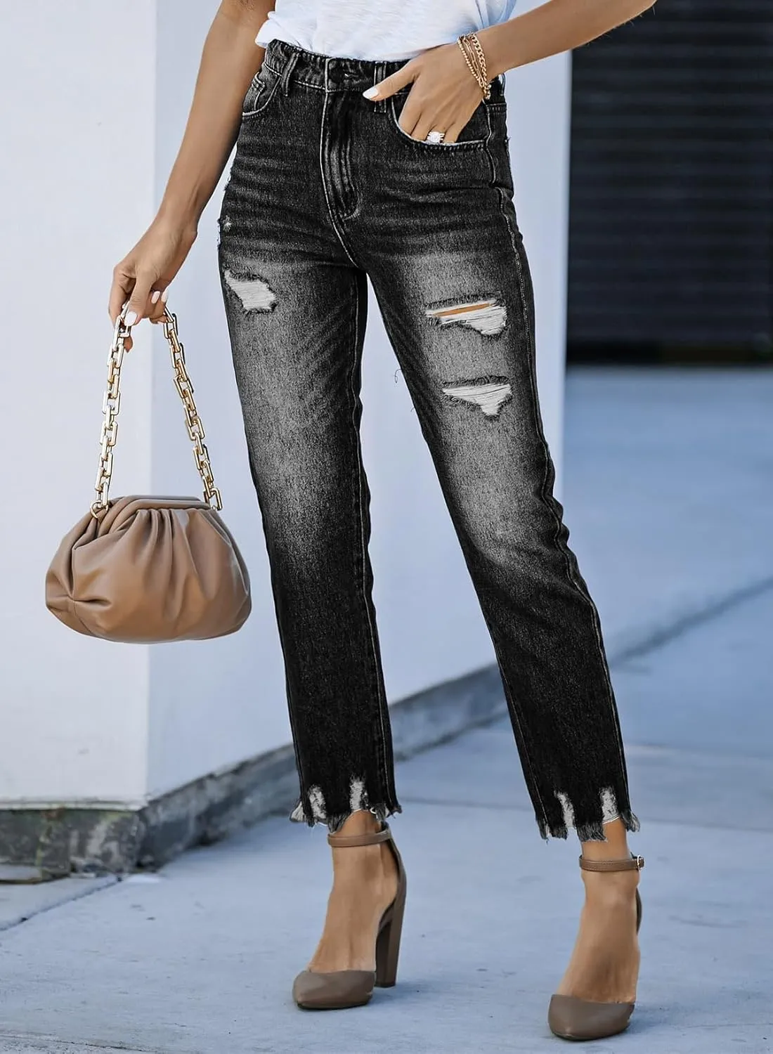 Sidefeel Women's Ripped Jeans Straight Leg Distressed Boyfriend Denim Pants
