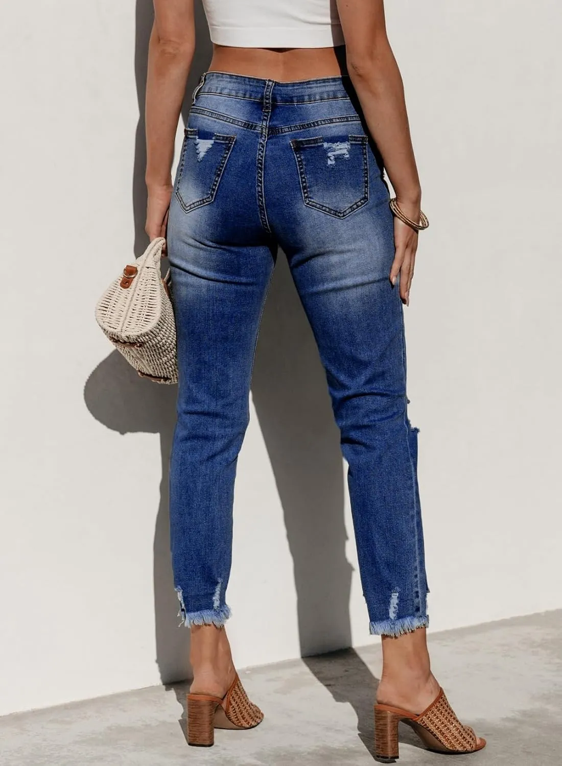 Sidefeel Women's Ripped Jeans Straight Leg Distressed Boyfriend Denim Pants