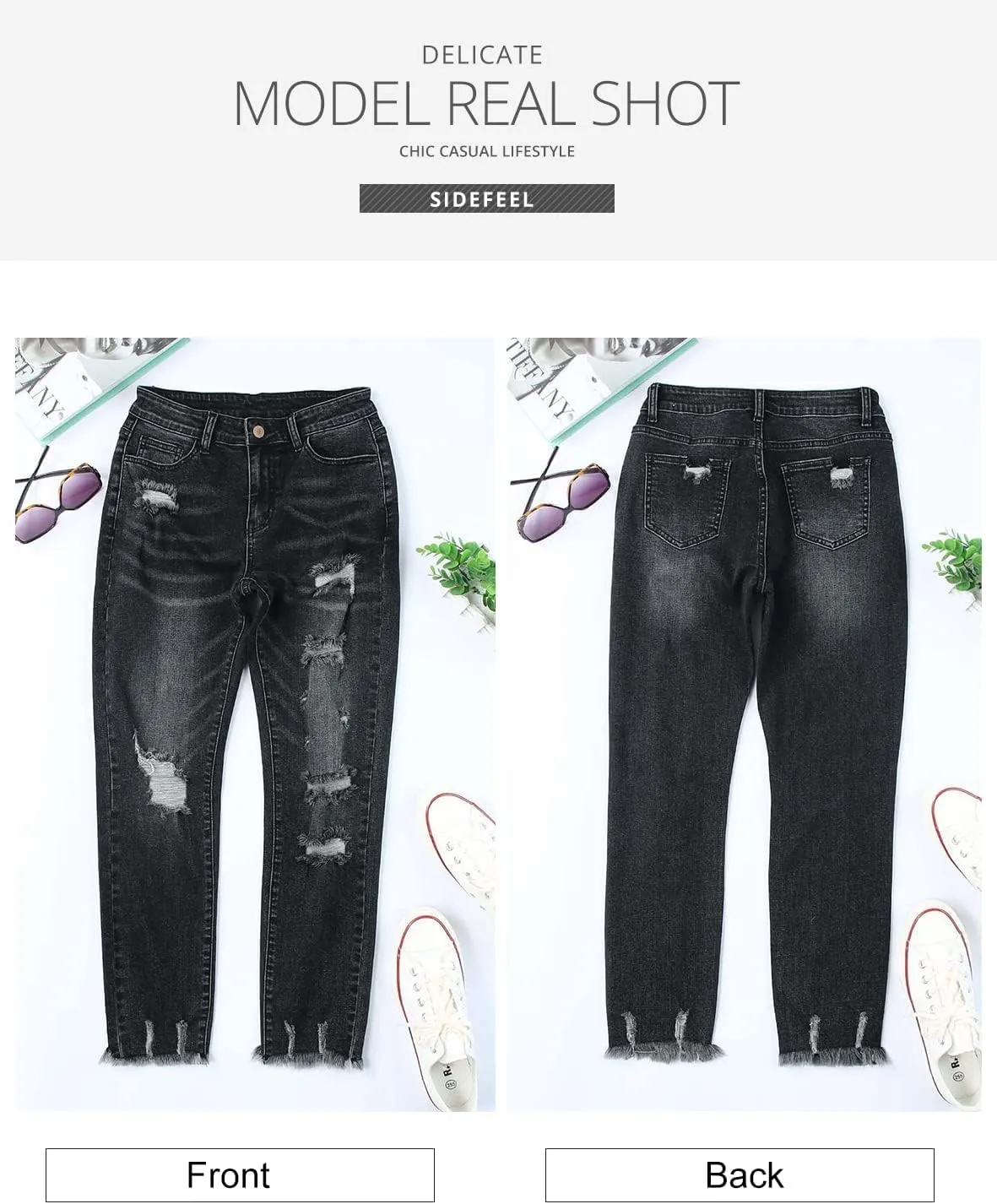 Sidefeel Women's Ripped Jeans Straight Leg Distressed Boyfriend Denim Pants