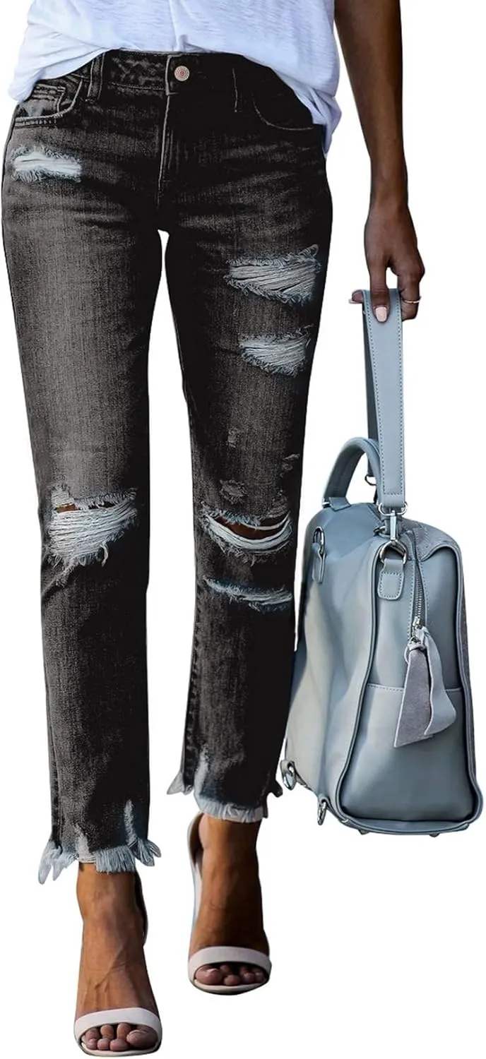 Sidefeel Women's Ripped Jeans Straight Leg Distressed Boyfriend Denim Pants
