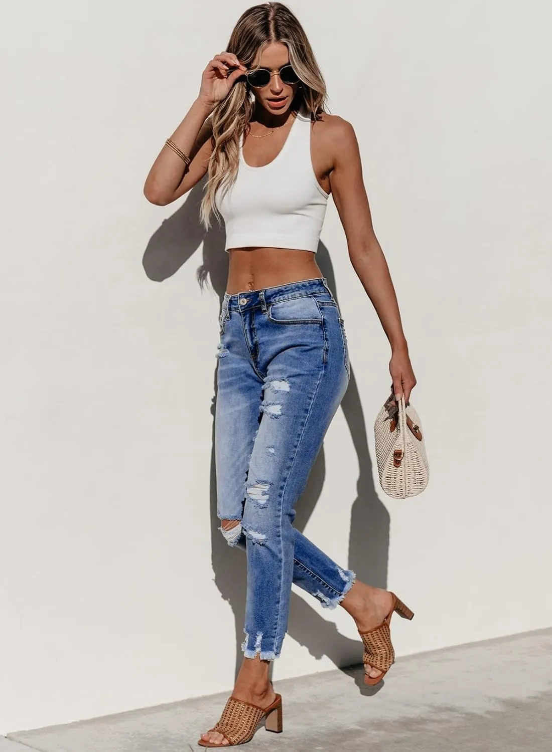 Sidefeel Women's Ripped Jeans Straight Leg Distressed Boyfriend Denim Pants