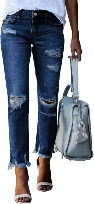 Sidefeel Women's Ripped Jeans Straight Leg Distressed Boyfriend Denim Pants