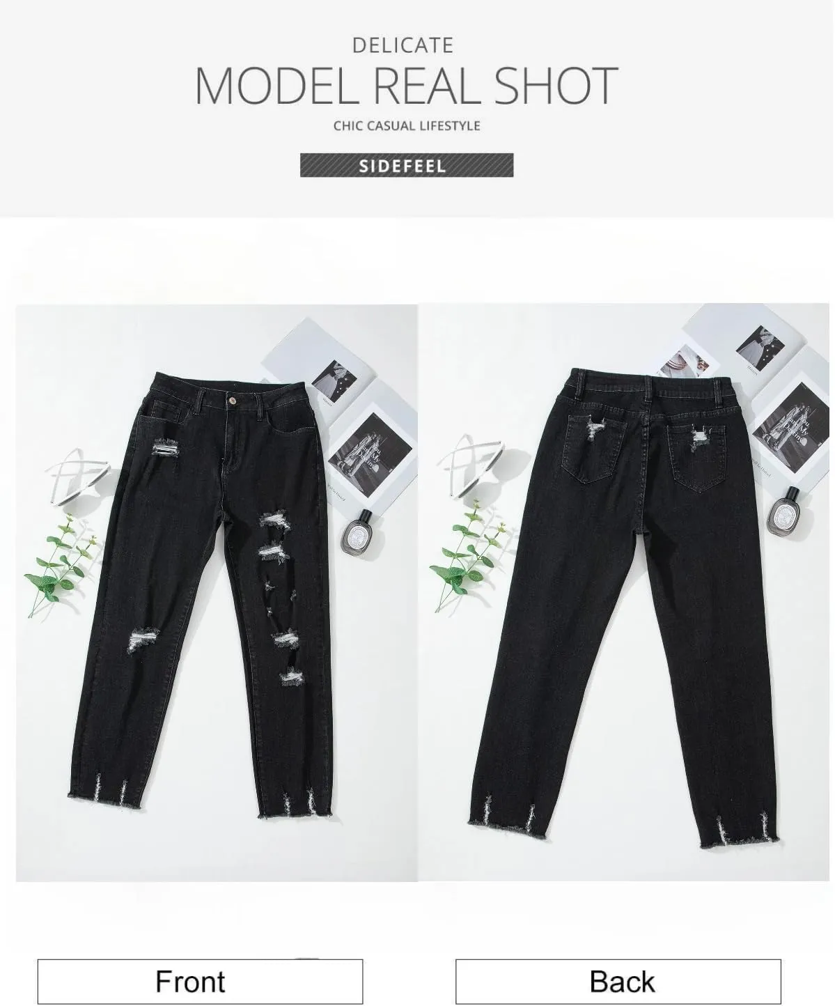 Sidefeel Women's Ripped Jeans Straight Leg Distressed Boyfriend Denim Pants
