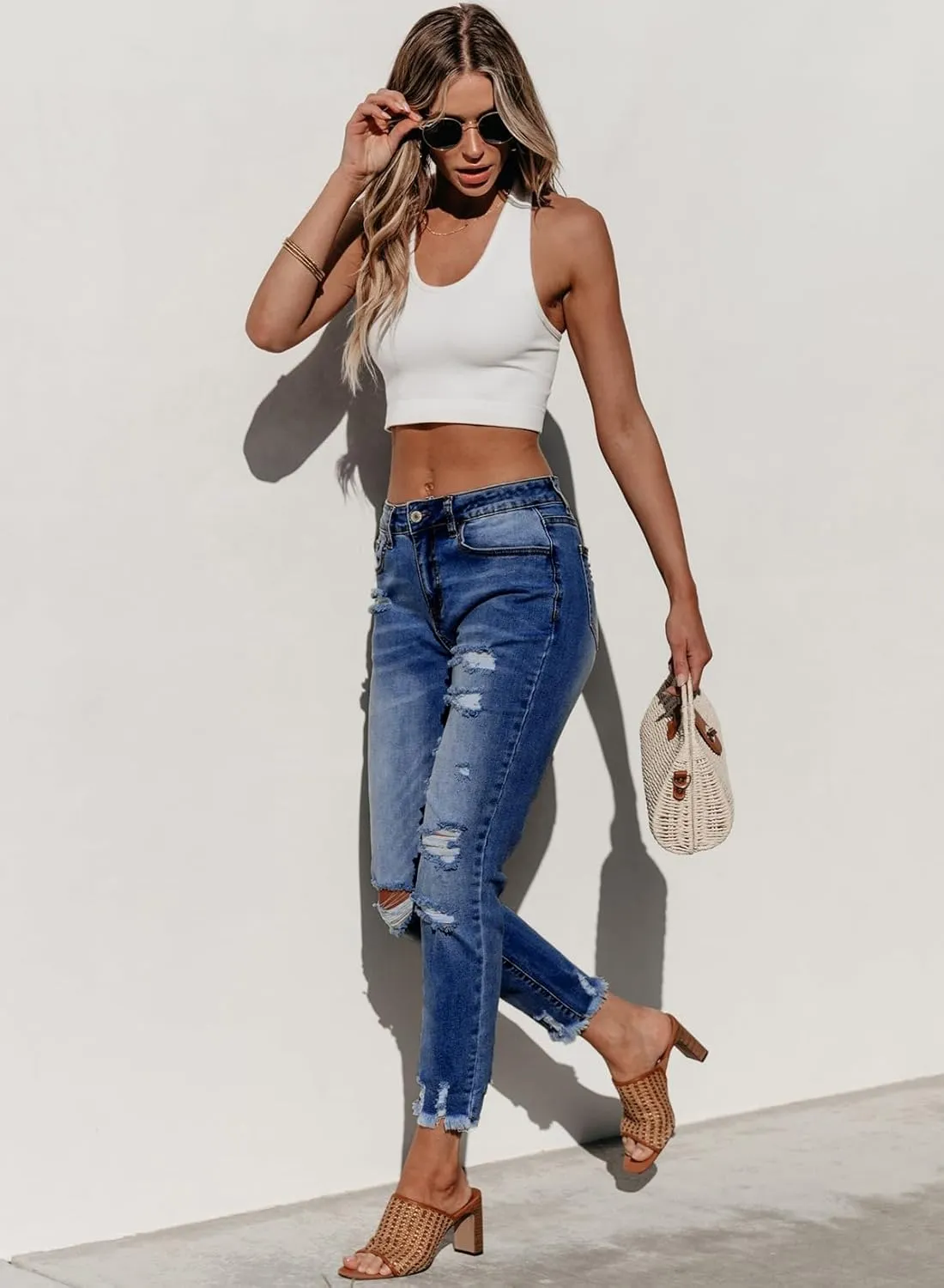 Sidefeel Women's Ripped Jeans Straight Leg Distressed Boyfriend Denim Pants