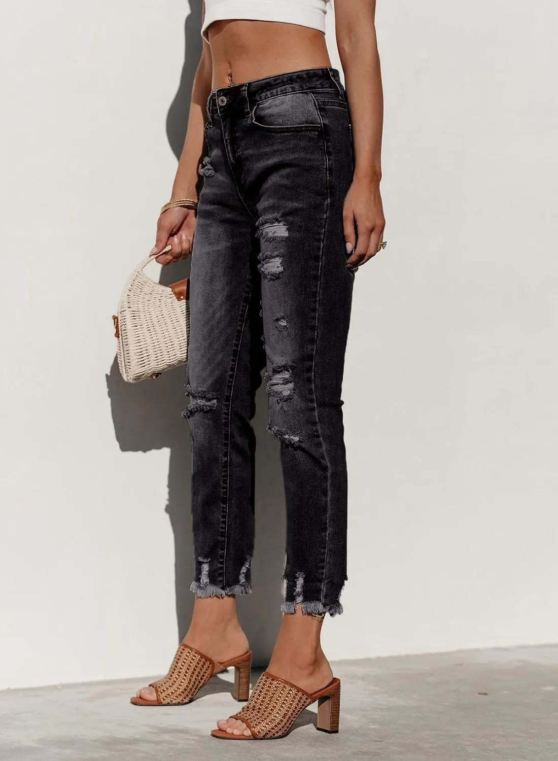 Sidefeel Women's Ripped Jeans Straight Leg Distressed Boyfriend Denim Pants