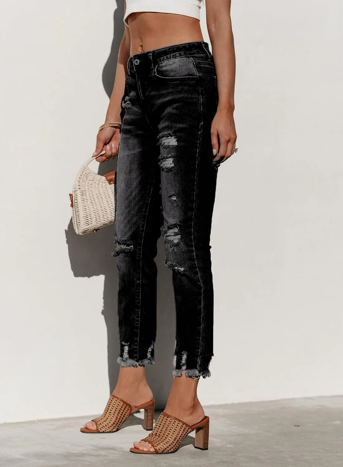 Sidefeel Women's Ripped Jeans Straight Leg Distressed Boyfriend Denim Pants