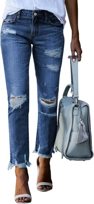 Sidefeel Women's Ripped Jeans Straight Leg Distressed Boyfriend Denim Pants