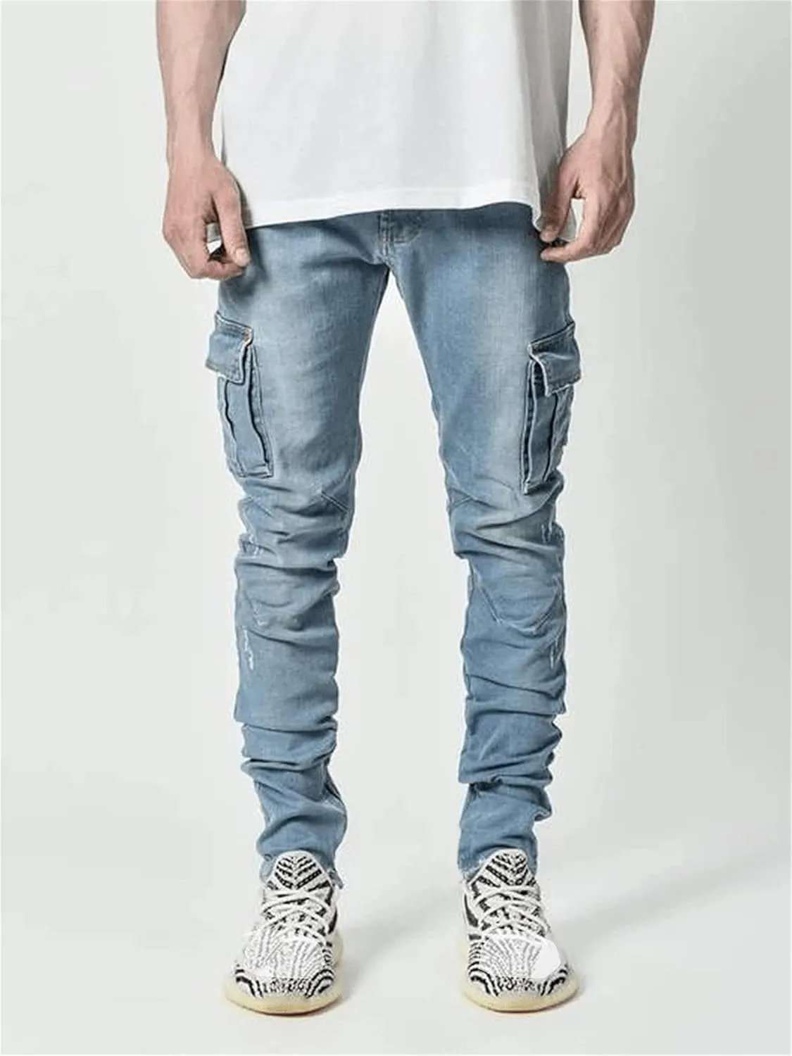Soluo Men's Slim Fit Straight Leg Elastic Cargo Pant Fashion Casual Skinny Denim Jeans Multi Pocket Trousers