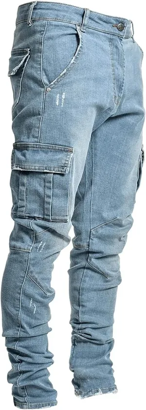 Soluo Men's Slim Fit Straight Leg Elastic Cargo Pant Fashion Casual Skinny Denim Jeans Multi Pocket Trousers