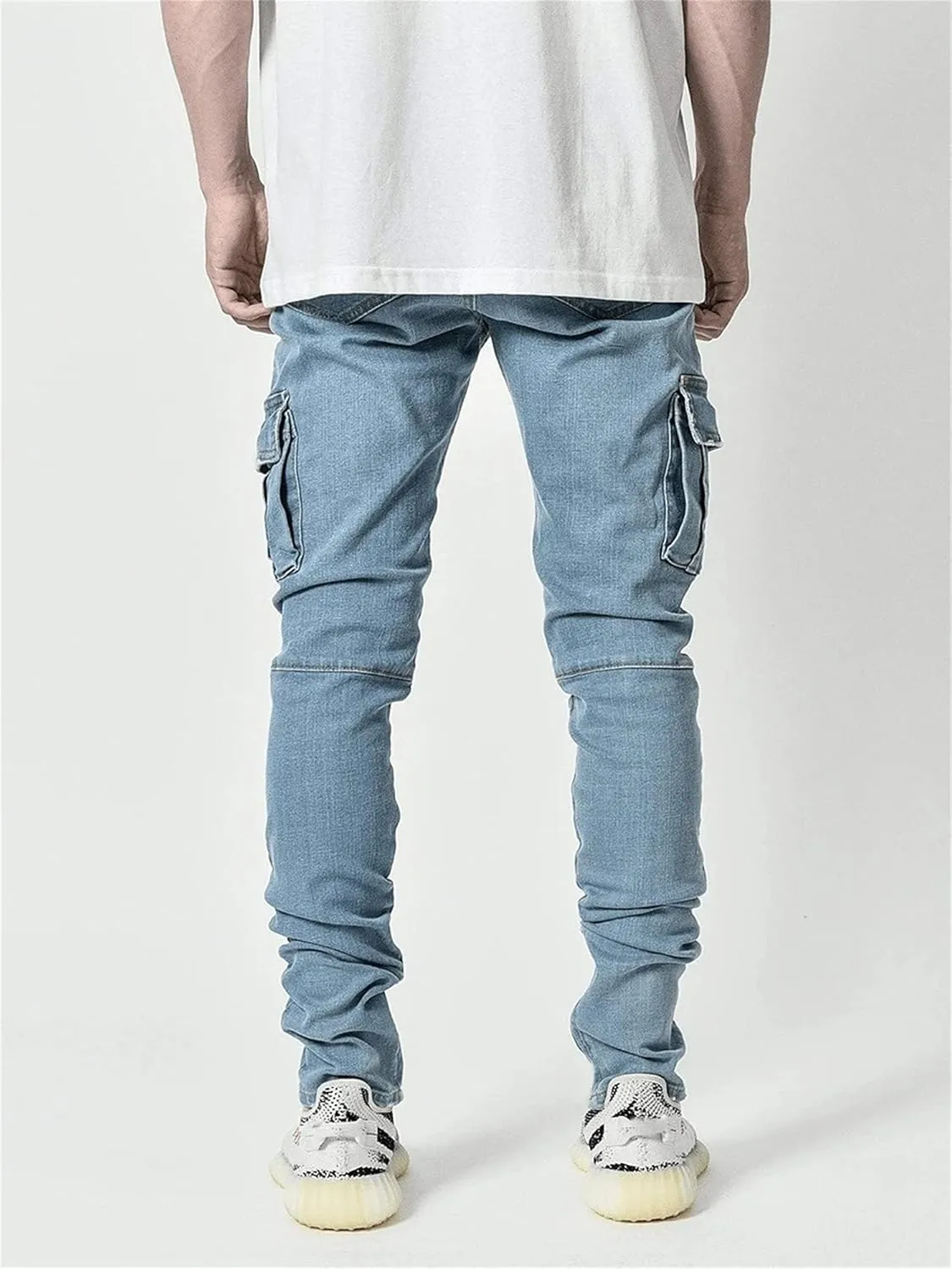 Soluo Men's Slim Fit Straight Leg Elastic Cargo Pant Fashion Casual Skinny Denim Jeans Multi Pocket Trousers