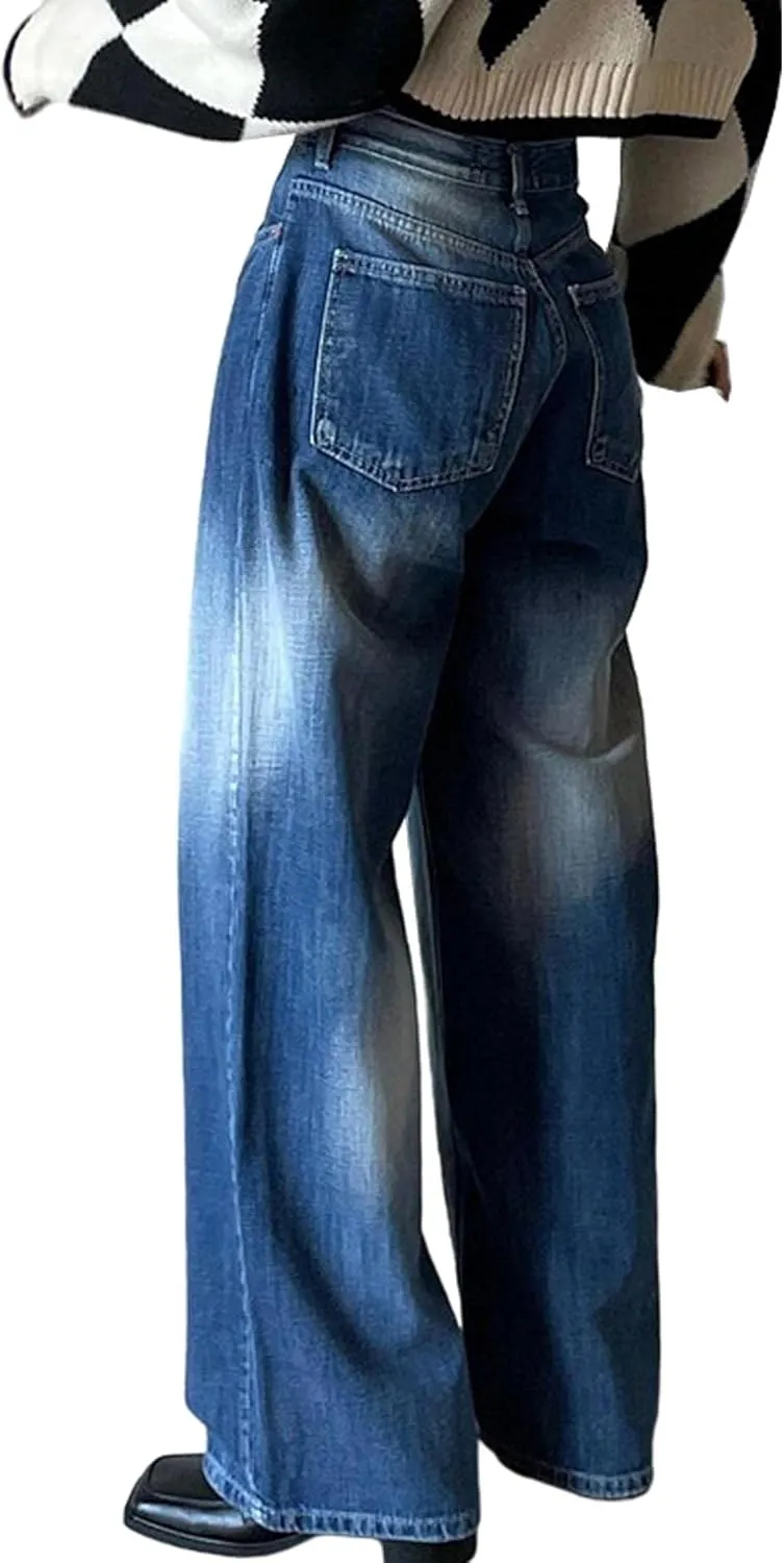 SOMTHRON Women's Casual High Waisted Jeans Baggy Denim Pants Straight Wide Leg Trousers Vintage Streetwear