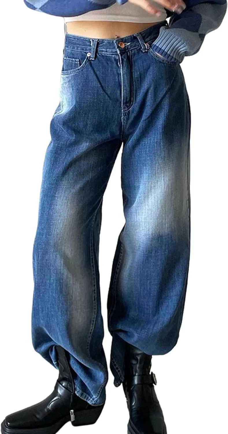 SOMTHRON Women's Casual High Waisted Jeans Baggy Denim Pants Straight Wide Leg Trousers Vintage Streetwear