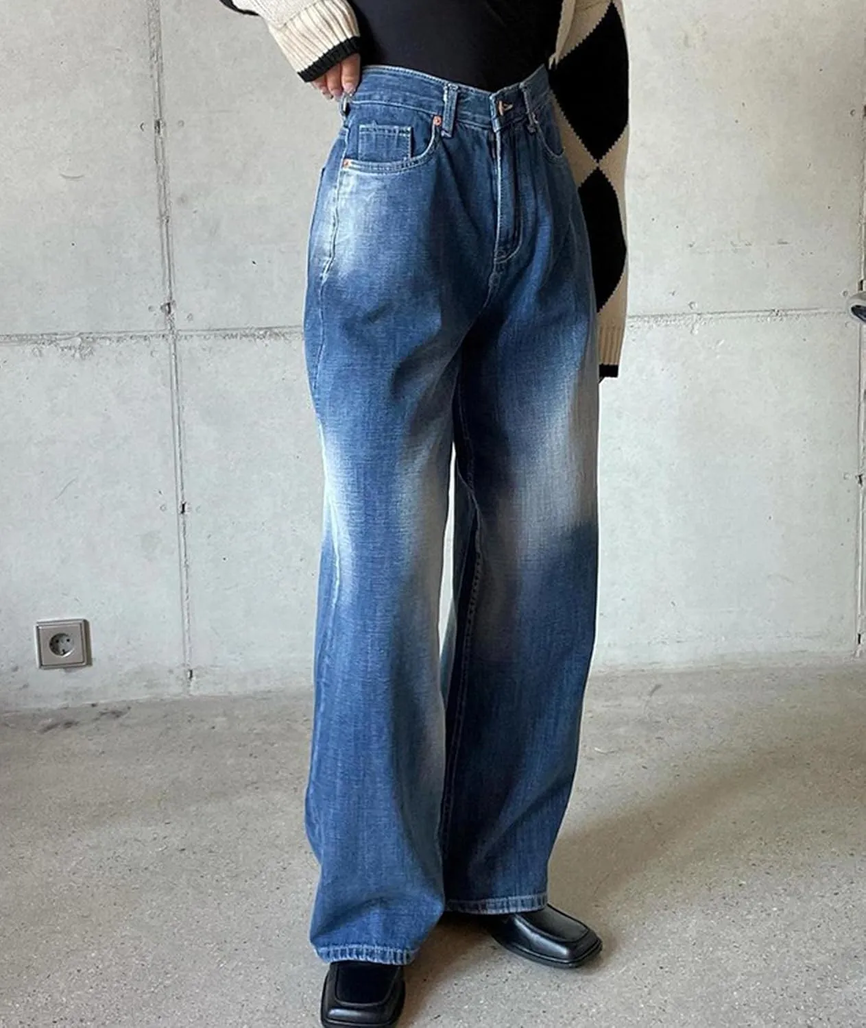 SOMTHRON Women's Casual High Waisted Jeans Baggy Denim Pants Straight Wide Leg Trousers Vintage Streetwear