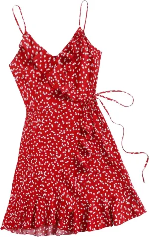 Spaghetti Strap Floral Mini Dress Women's Casual Wrap V-Neck Tie Side Ruffle Boho Dress Summer Beach Sundress