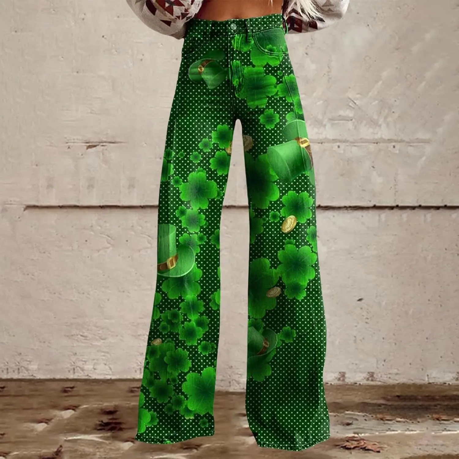St Patrick's Day Jeans for Women Wide Leg Baggy Vintage Irish Clover Printed High Waisted Straight Pants with Pocket