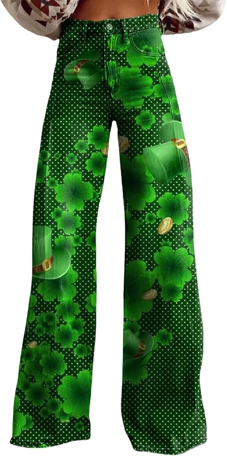 St Patrick's Day Jeans for Women Wide Leg Baggy Vintage Irish Clover Printed High Waisted Straight Pants with Pocket