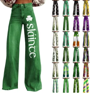 St Patrick's Day Jeans for Women Wide Leg Baggy Vintage Irish Clover Printed High Waisted Straight Pants with Pocket