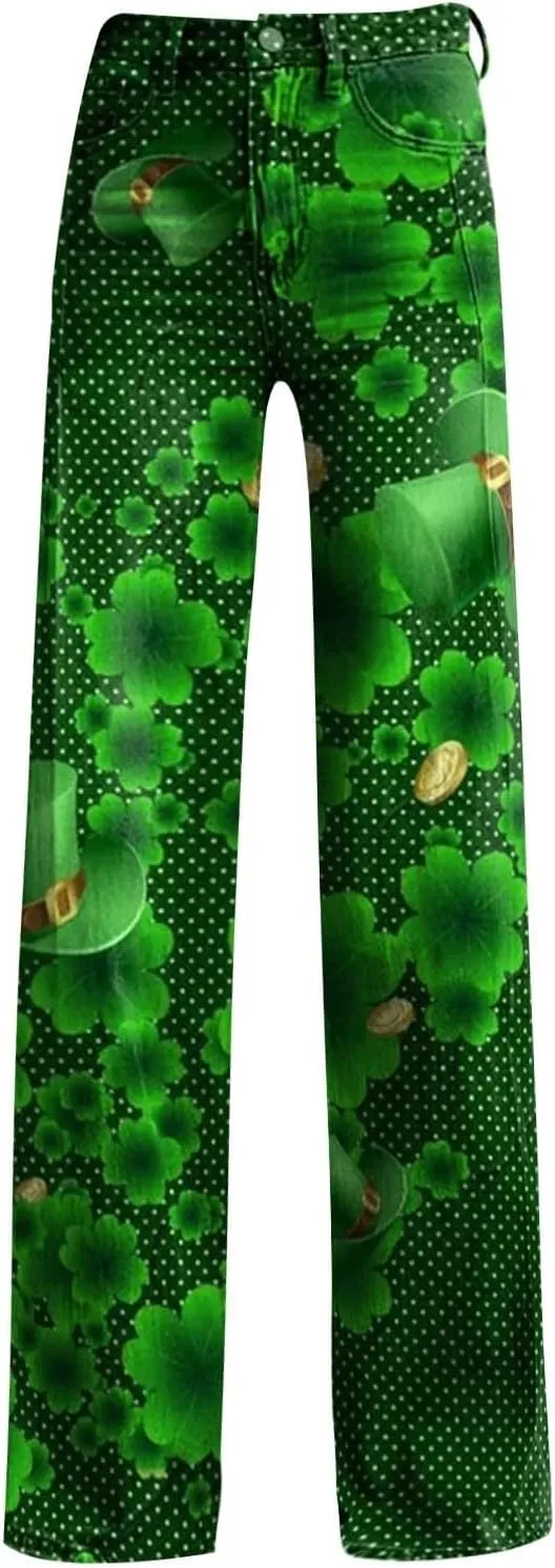 St Patrick's Day Jeans for Women Wide Leg Baggy Vintage Irish Clover Printed High Waisted Straight Pants with Pocket