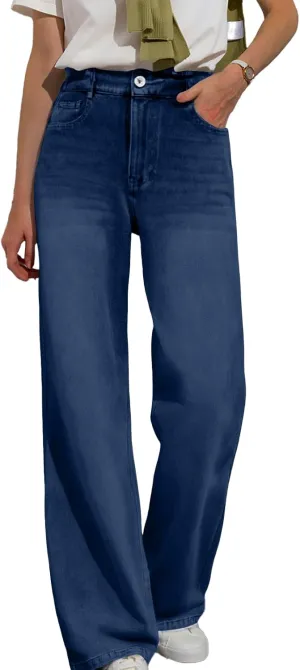 Straight Leg Jeans for Women Casual Elastic High Waisted Denim Pants with Pockets Classic Baggy Y2K Pull On Jean