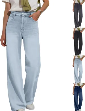 Straight Leg Jeans for Women Casual Elastic High Waisted Denim Pants with Pockets Classic Baggy Y2K Pull On Jean