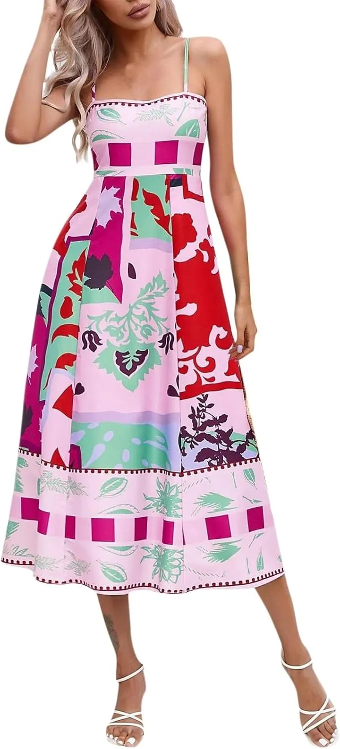Strapless Maxi Dresses for Women Boho Graffiti Cami Long Dress Colorful Graphic Spaghetti Strap Flowy Tank Sundress