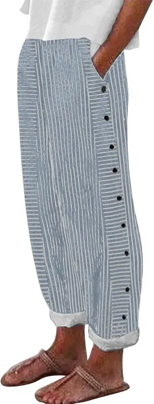 Striped Linen Pants Women Wide Leg Trousers with Pockets Casual Lightweight Pinstripe Pants Trendy Clothes 2025