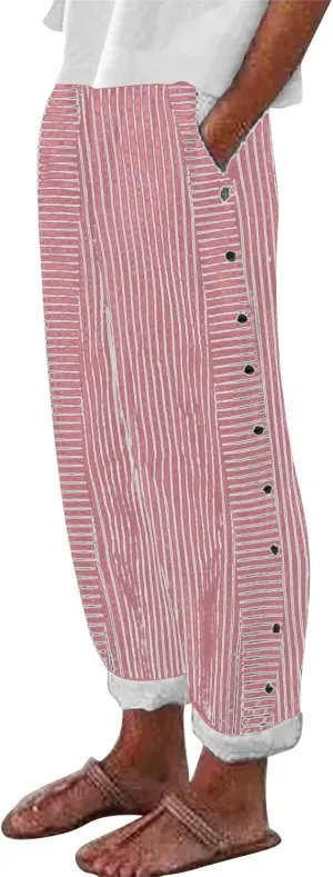 Striped Linen Pants Women Wide Leg Trousers with Pockets Casual Lightweight Pinstripe Pants Trendy Clothes 2025