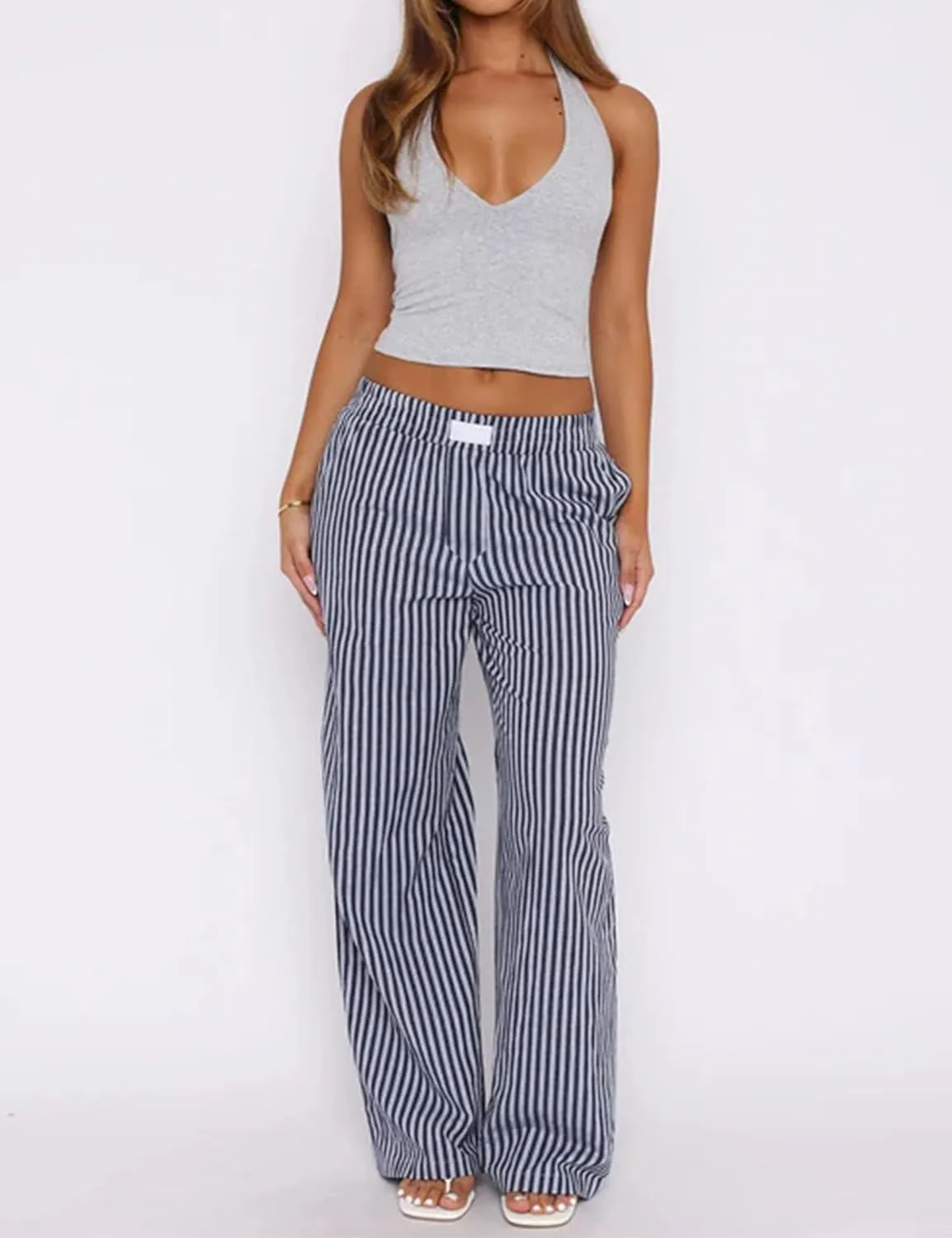 Striped Pants for Women Causal Wide Leg Elastic Waist Loose Pants Straight Leg Lounge Pants Trouser Bottoms