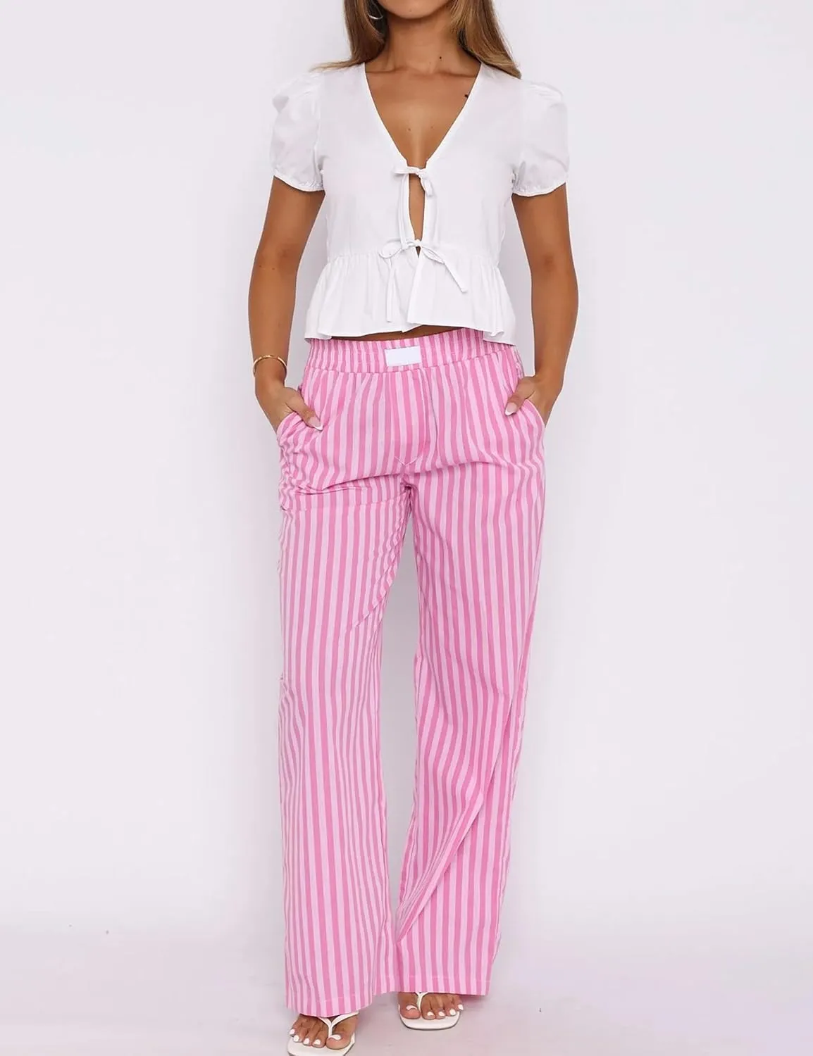 Striped Pants for Women Causal Wide Leg Elastic Waist Loose Pants Straight Leg Lounge Pants Trouser Bottoms