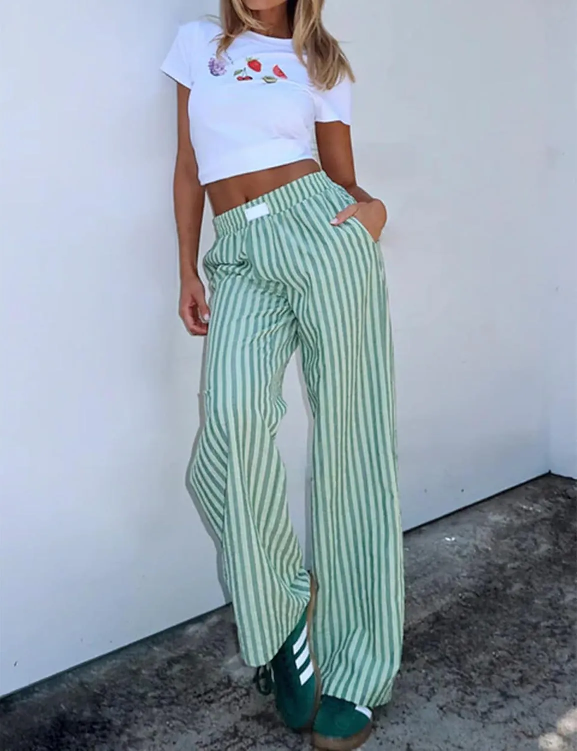 Striped Pants for Women Causal Wide Leg Elastic Waist Loose Pants Straight Leg Lounge Pants Trouser Bottoms