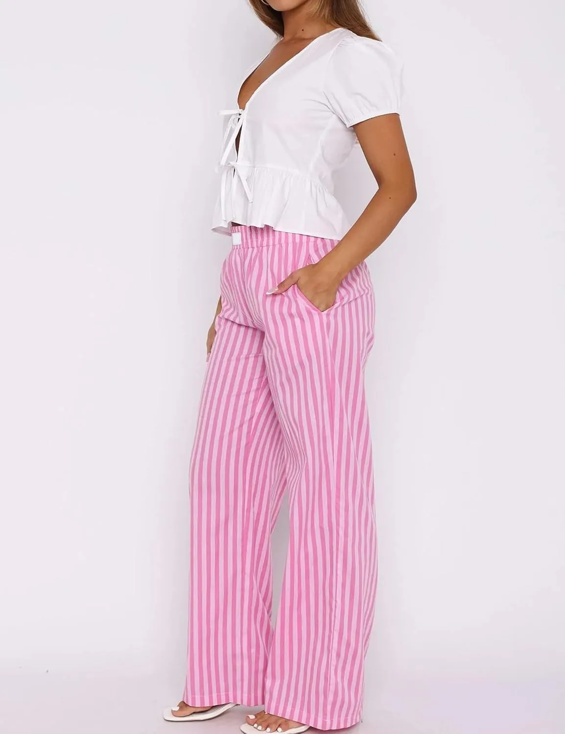 Striped Pants for Women Causal Wide Leg Elastic Waist Loose Pants Straight Leg Lounge Pants Trouser Bottoms