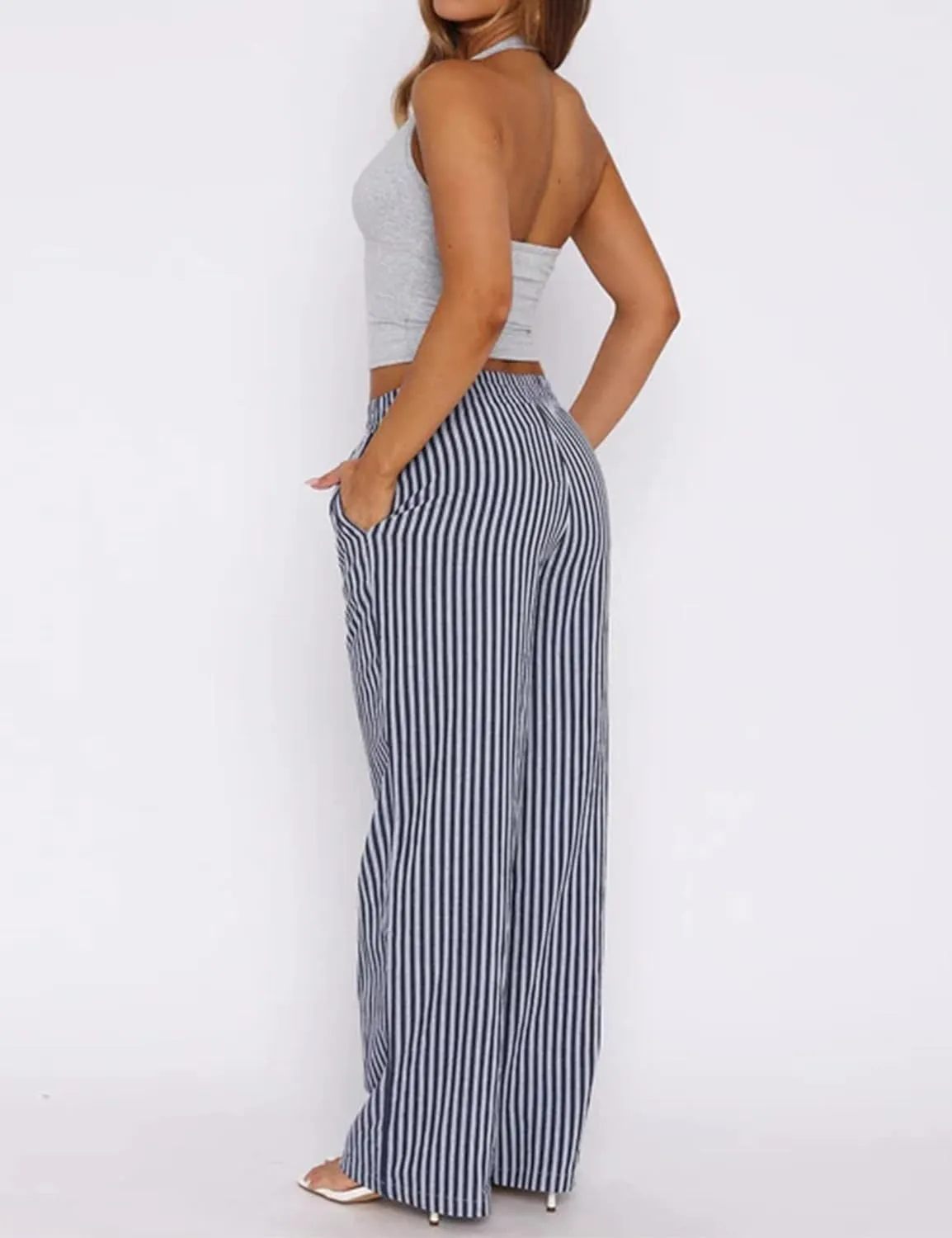 Striped Pants for Women Causal Wide Leg Elastic Waist Loose Pants Straight Leg Lounge Pants Trouser Bottoms