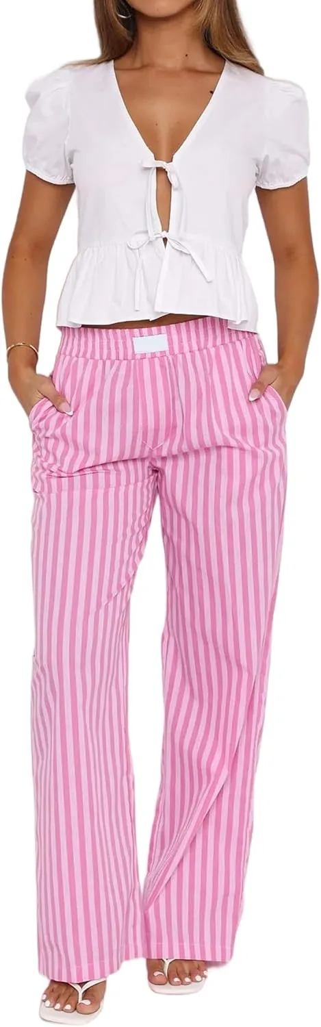 Striped Pants for Women Causal Wide Leg Elastic Waist Loose Pants Straight Leg Lounge Pants Trouser Bottoms