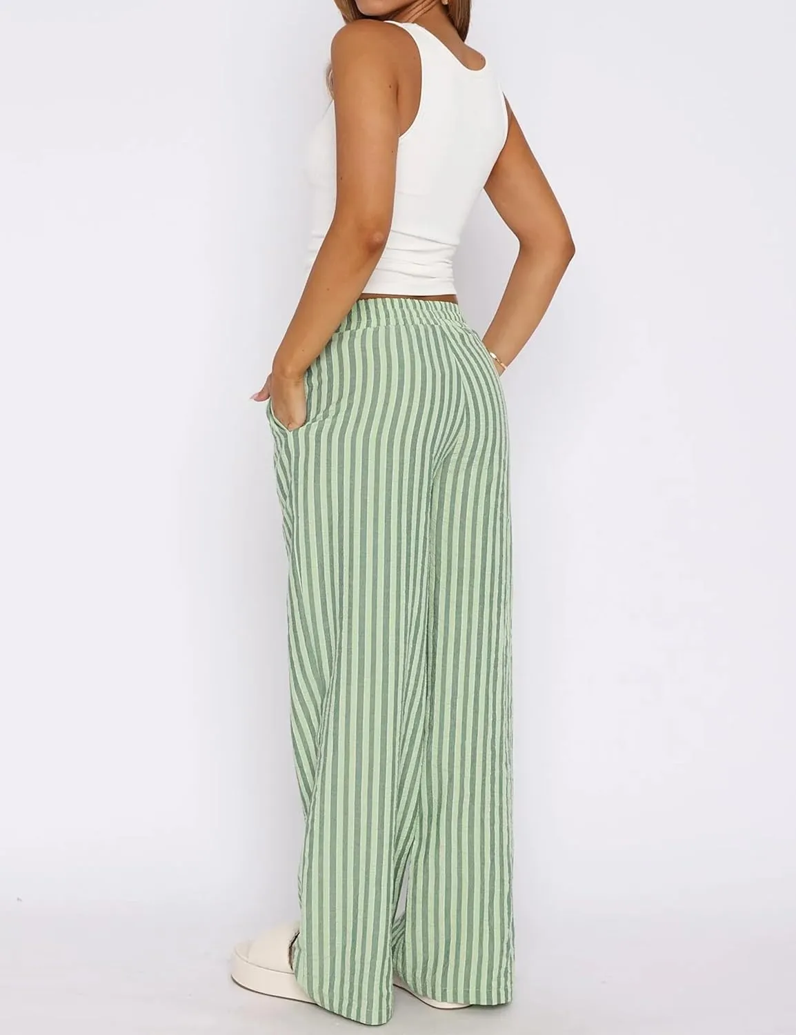 Striped Pants for Women Causal Wide Leg Elastic Waist Loose Pants Straight Leg Lounge Pants Trouser Bottoms