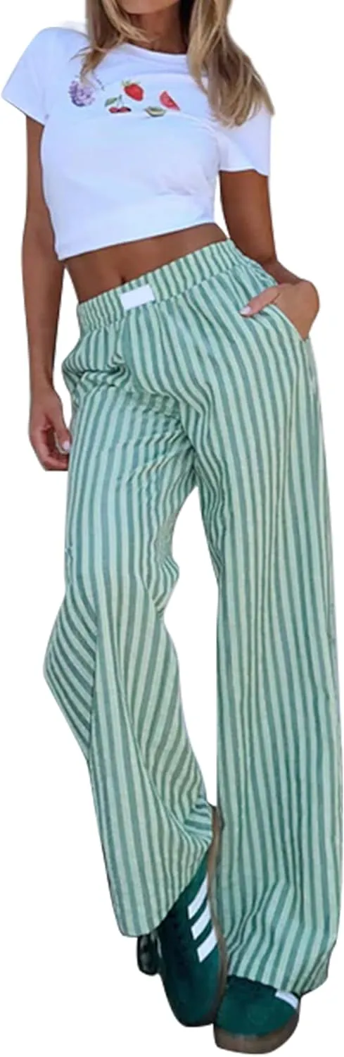 Striped Pants for Women Causal Wide Leg Elastic Waist Loose Pants Straight Leg Lounge Pants Trouser Bottoms