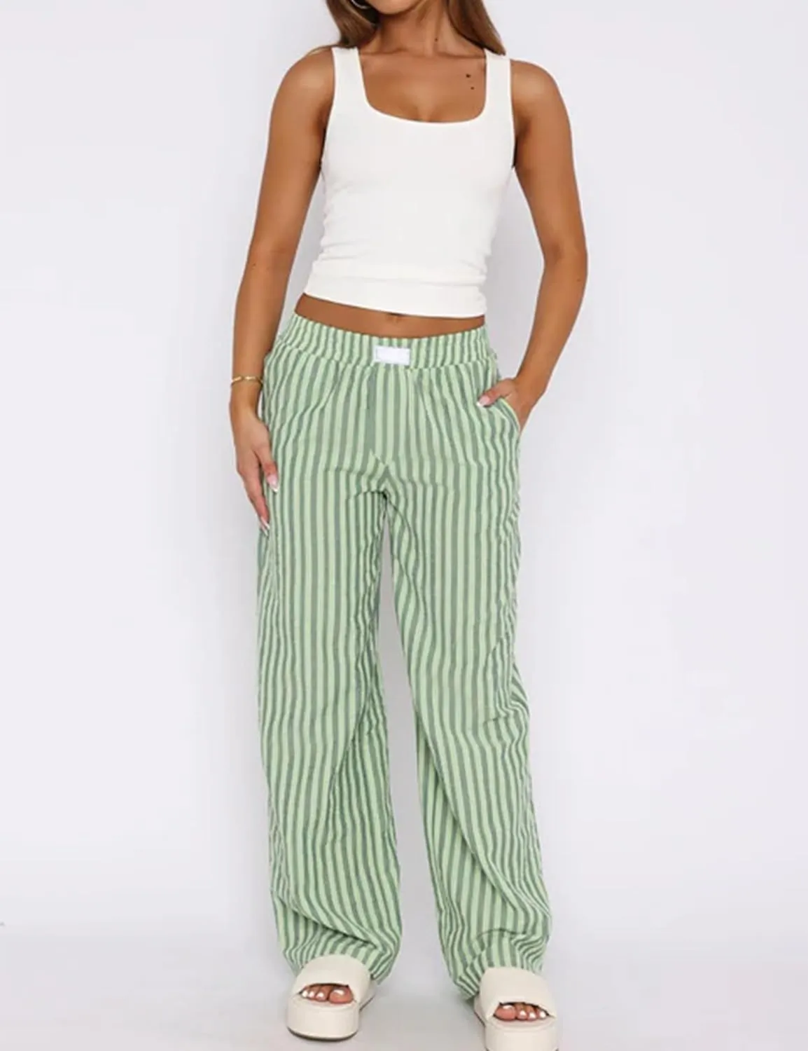 Striped Pants for Women Causal Wide Leg Elastic Waist Loose Pants Straight Leg Lounge Pants Trouser Bottoms