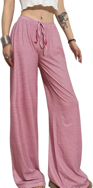 Striped Wide Leg Pants for Women - Casual Loose Fit High-Waisted Drawstring Pajama Pants - Straight Trousers
